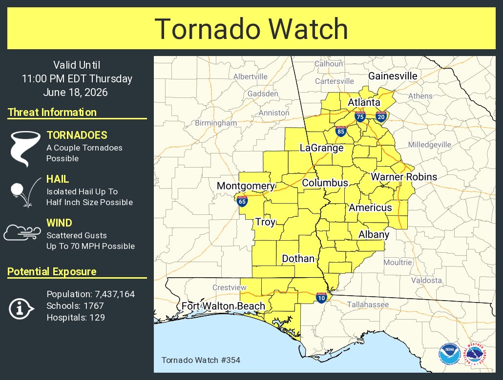 NWStornado's tweet photo. A tornado watch has been issued for parts of Alabama, Florida and Georgia until 11 PM EDT https://t.co/Nn7VCJfGZn