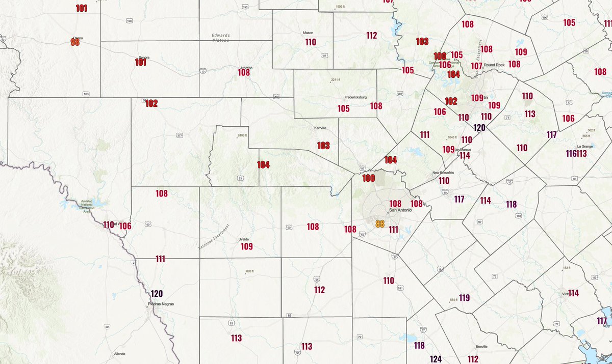 NWSSanAntonio's tweet photo. Here is a look at the current heat indices across South-Central Texas. Most ranging in the 105 to 115 degree range with a few locations higher and lower. Ignore the 88 degree reading in southwest San Antonio as that value is erroneous. Stay safe by practicing heat safety! #txwx https://t.co/EXthJWo7fk