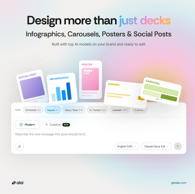 krishnagupta94's tweet photo. @getalai  can now create more than just presentations.

Infographics, posters, carousels, social posts, or any canvas size.

Set up your design system once and create all your on-brand visuals.

Or choose one from our library of hand-crafted design systems.

You're not limited to just the expensive Claude models now. 

Choose any model you like.

Edit manually or using the Agent. 

Comment and repost to get a 1000 FREE AI credits.
(DM your email so I can add credits)