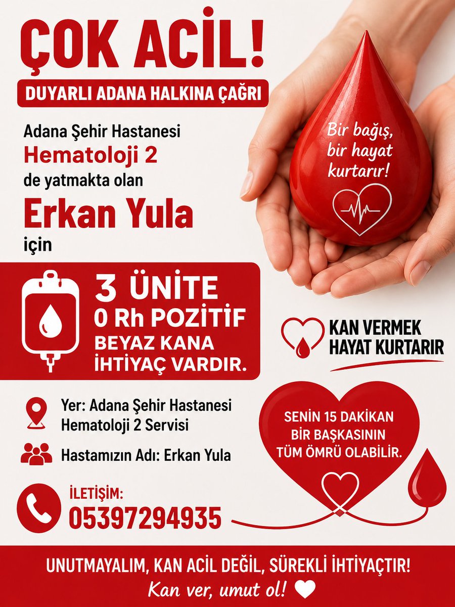 HyAziz0's tweet photo. @adanamasasi  
Lütfen paylaşarak daha fazla kişiye ulaşmasına destek olun.
Bir ünite kan, bir umut demektir 
📞 İletişim: 0539 729 49 35 https://t.co/enhRTLXh7a