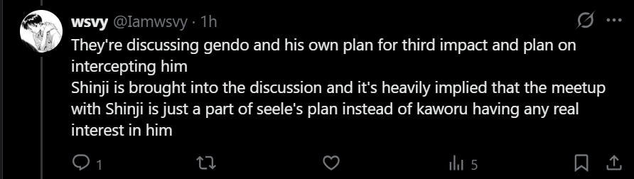 Iamwsvy's tweet photo. @MexicAnalog @umm_nyanyway @glunkinator @DTGee64 I already spoke about this but to clarify he's doing it to ease his way into NERV while lowering Shinji's guard.
His goal is to hit Terminal Dogma and the only ones that can stop him are Shinji and Rei.
Rei is already aware, so he's just dealing with the last obstacle. https://t.co/AVrfVNHlHR