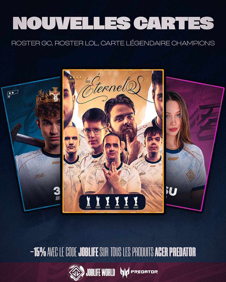 JoblifeEsport's tweet photo. Joblife World se met à jour🃏
 
Les nouvelles cartes GC, LFL et la carte légendaire Champion de France sont disponibles 🏆
 
Et profitez toujours des -15% sur les produits Predator et Acer avec le code "JOBLIFE" → https://t.co/BjEGRvchIV

🔗https://t.co/5v8SBBJkhj

#JOBLIFE https://t.co/5F0lPV41U6