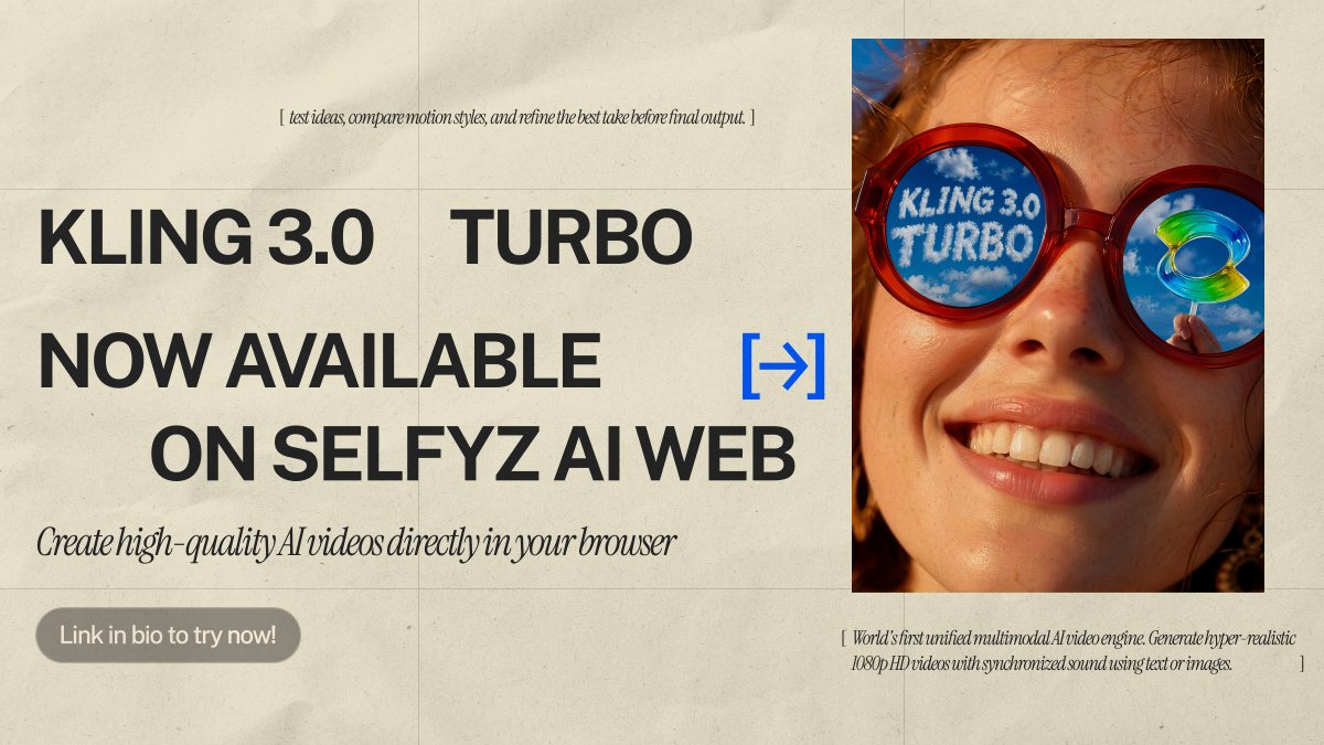 SelfieU_Ai's tweet photo. @Kling_ai  3.0 Turbo is now available on Selfyz AI Web.

⚡ Faster generation
🔊 Better audio-video sync
🎬 Smoother motion
✨ Stronger multi-shot consistency
Try it now 👉 https://t.co/ZRDSS7mYih

#SelfyzAI #Wondershare #KlingAI #Kling30Turbo #AIVideo https://t.co/P03OadSA4T