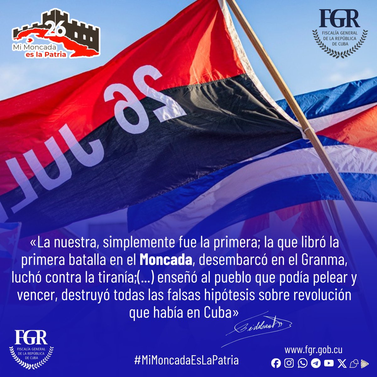 FGR_Cuba's tweet photo. #100AñosConFidel: «La nuestra, simplemente fue la primera; la que libró la primera batalla en el Moncada, desembarcó en el Granma, luchó contra la tiranía;(...) enseñó al pueblo que podía pelear y vencer (...)»

#MiMoncadaEsLaPatria https://t.co/UxROpKK6z1