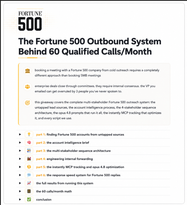 dimitarangg's tweet photo. the multi-stakeholder outreach funnel is here…

the EXACT system we use to book meetings with enterprise fortune 500 companies using opus 4.8 + instantly MCP...

this is your ticket to finally sign high-ticket enterprise deals

here's EVERYTHING inside it:

→ the lead sources we use to find fortune 500 companies entering buying windows before competitors notice 

(forbes articles, executive linkedin posts, government contract databases, crunchbase signals, business publications)

→ the account intelligence workflow that researches an entire company before a single email gets sent

→ the opus 4.8 prompt that identifies every stakeholder involved in the buying process (economic buyer, technical evaluator, user champion, blocker)

→ the complete multi-stakeholder outreach architecture (different messaging, different objectives, different positioning for every person)

→ the account brief generation system that uncovers strategic initiatives, buying triggers, leadership changes, internal priorities, and timing signals

→ the exact email sequences used for all 4 stakeholders

→ the internal forwarding framework that gets prospects mentioning your name inside the company before anyone replies

→ the procurement pre-emption sequence that removes friction before it appears

→ the instantly MCP optimization workflow that continuously improves campaigns using live engagement data

→ the account prioritization system that tells you exactly who deserves a phone call right now

→ the sub-10-minute response framework responsible for turning interest into booked meetings

all backed by 5,000,000+ cold outreach messages sent across email + linkedin

like + comment "FORTUNE" and i'll send you the full system

(must be following + RT for priority access)