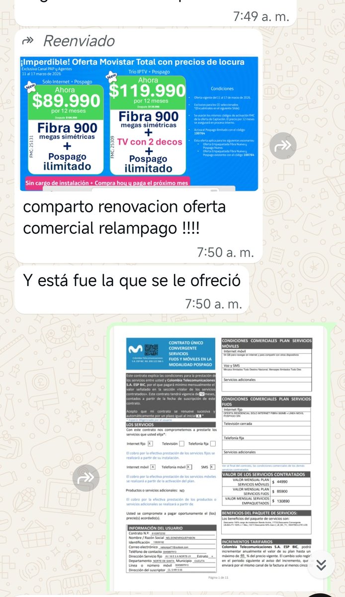 nelsonpa71's tweet photo. @Superservicios Hoy quiero compartir esto que me sucedió. Adquirí una oferta de Movistar, dúo, línea celular y fibra hogar para buscar economía y resulta que ya llevo tres facturas pagando un valor muy por encima que me ofrecieron. El asesor con el que adquirí la oferta hizo la https://t.co/fw2zQeSIjE