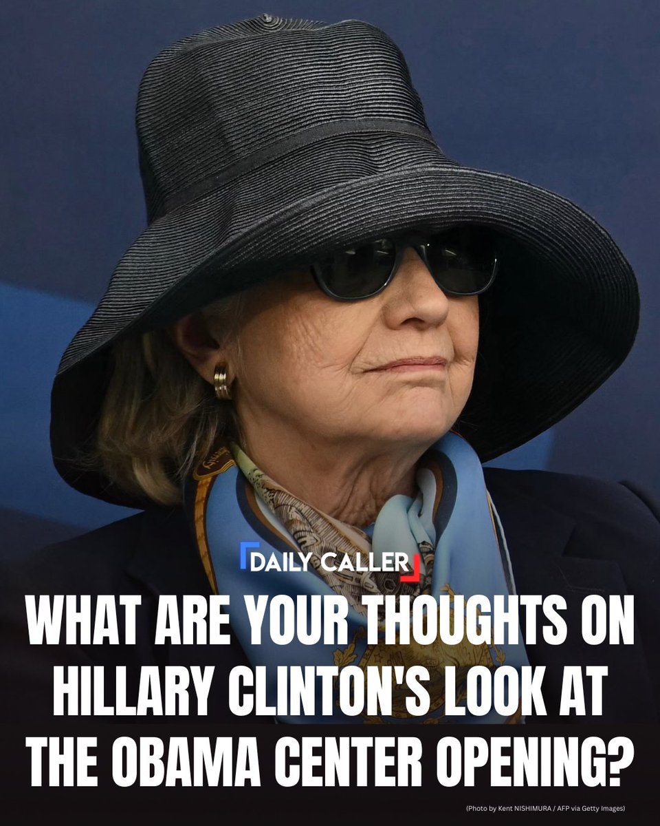 DailyCaller's tweet photo. Former Secretary of State Hillary Clinton turned heads with a wide-brimmed hat and dark shades as she attended the opening day of the Obama Presidential Center in Chicago. 

What do you make of the look? https://t.co/l103Gi8qdc