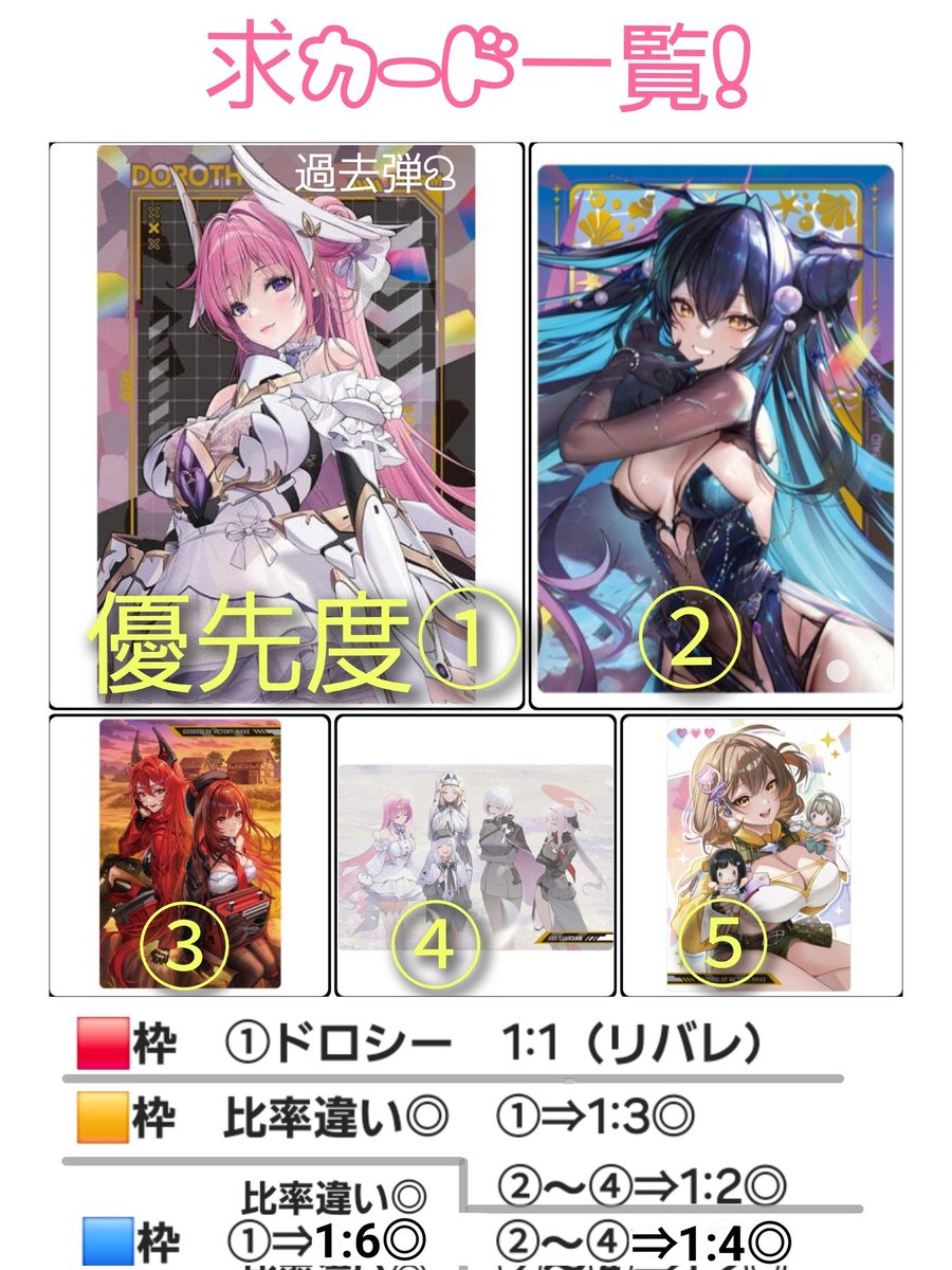 Rin_070220's tweet photo. 【交換:譲渡/募集】
勝利の女神 NIKKE ウエハース5　過去弾
求は定価+送料にて買取も募集しております。

譲：画像参照
🟥2弾ドロシーと交換のみ
🟨🟦比率違い相談◎

譲：画像参照※Alt
🟨5弾定価+送料
🟨🟦1枚100円
4枚以上１枚80円+送料

検索からでもお気軽にお声がけ下さい。🙇‍♀️💦 https://t.co/rOnO8JNvrY