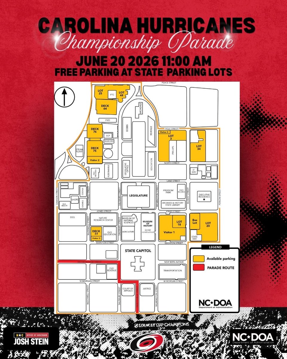 NC_Governor's tweet photo. Sound the siren - all state parking decks will be free to the public for the @Canes’ victory parade in Raleigh! Let’s go, Canes. See you on Saturday. https://t.co/zP0RotA6Aj