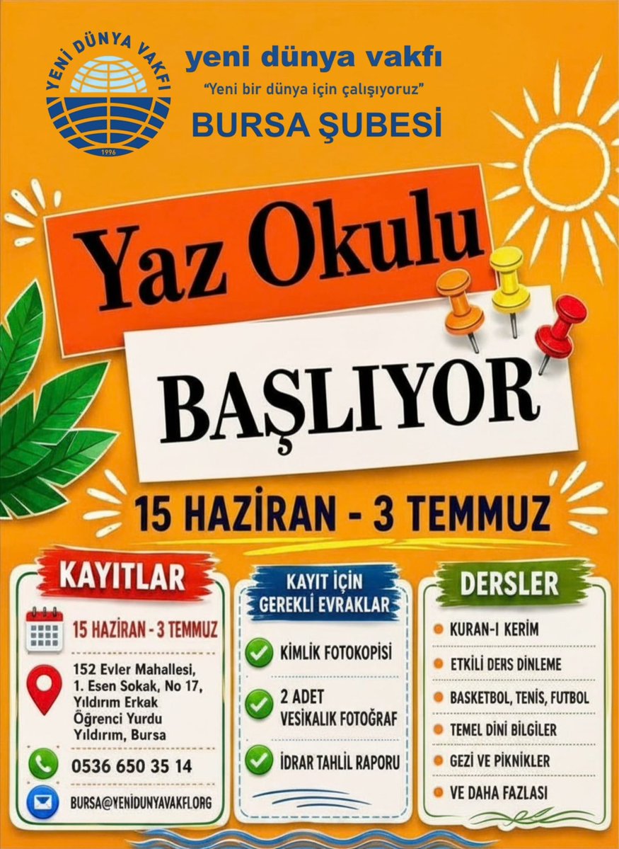 bursaydv's tweet photo. 📣 YAZ OKULUMUZ BAŞLIYOR..☀️ 

06 Temmuz - 07 Ağustos tarihleri arasında gerçekleşecek olan Yaz Okulumuz'a kayıtlarımız başladı..

Yurdumuza bekliyoruz..
Kayıt için irtibat ☎️ 0536 650 35 14

https://t.co/VUJH86YGQi

#YazOkulu https://t.co/sZJCualGl5