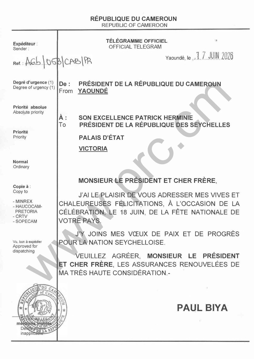 CabinetCivilPRC's tweet photo. 🇨🇲🇸🇨
Message de félicitations du Président Paul Biya à Son Excellence Patrick Herminie, à l’occasion de la célébration de la fête nationale de la République des Seychelles, le 18 juin 2026.

#PaulBiya
#Cameroun https://t.co/avWdc2QHqO