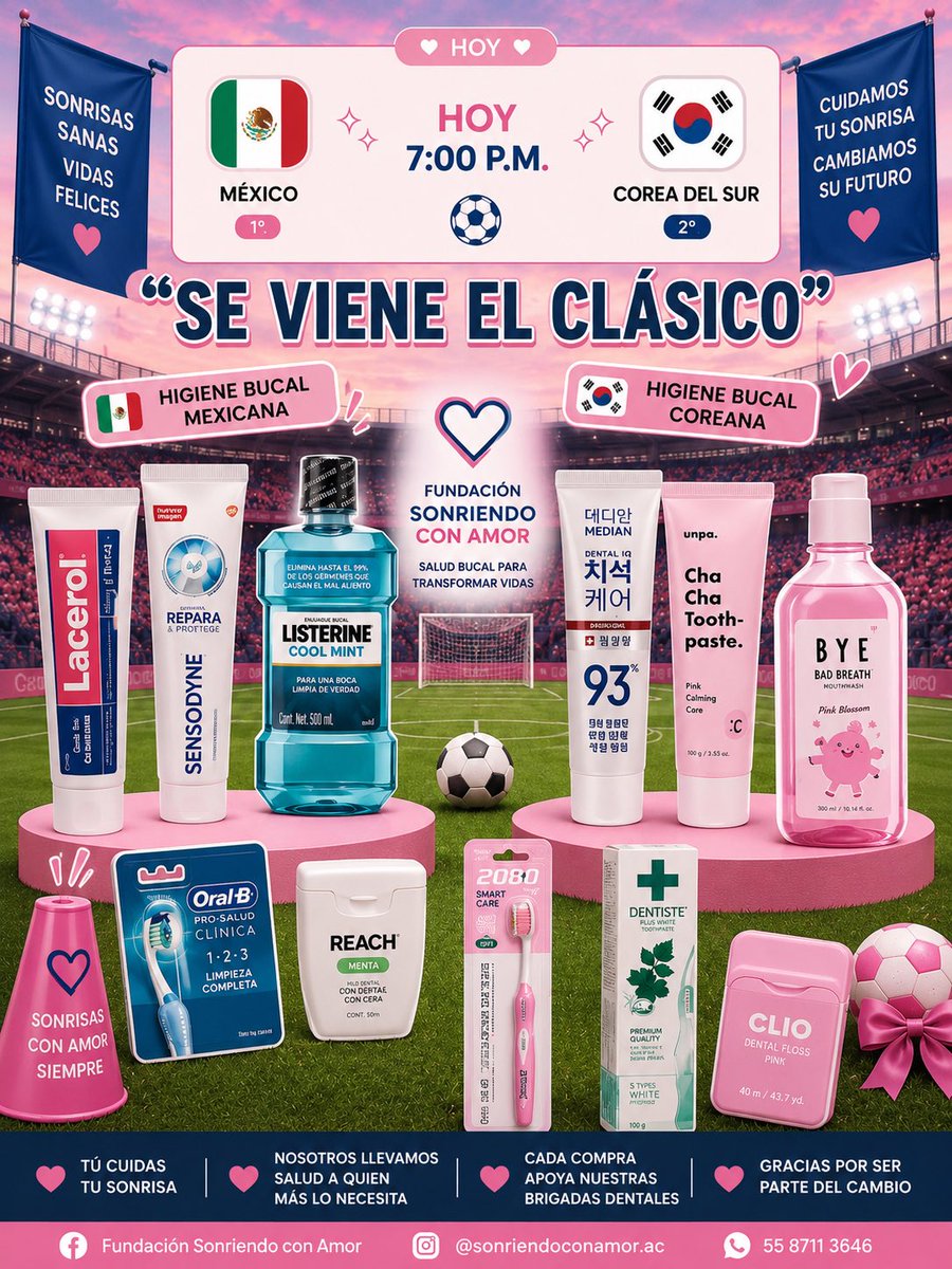 buscodentistamx's tweet photo. ⚽️🇲🇽 vs 🇰🇷

Mientras rueda el balón, nosotros armamos el clásico de la higiene bucal 🦷

🇲🇽 Productos mexicanos
🇰🇷 Productos coreanos

¿Cuál equipo crees que tiene mejor rutina de cuidado oral?

💚 Fundación Sonriendo con Amor https://t.co/z2TGtqcj76
