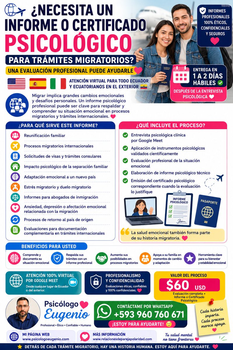 E31291Psicologo's tweet photo. #Migracion #TramitesMigratorios #InformePsicologico #CertificadoPsicologico #ReunificacionFamiliar #Visa #Inmigracion #EcuatorianosEnElExterior #EstadosUnidos #España #Italia #SaludMental #PsicologoOnline #GoogleMeet #PsicologiaEcuador #DueloMigratorio #Ansiedad #Depresion https://t.co/Myj47bWaZv