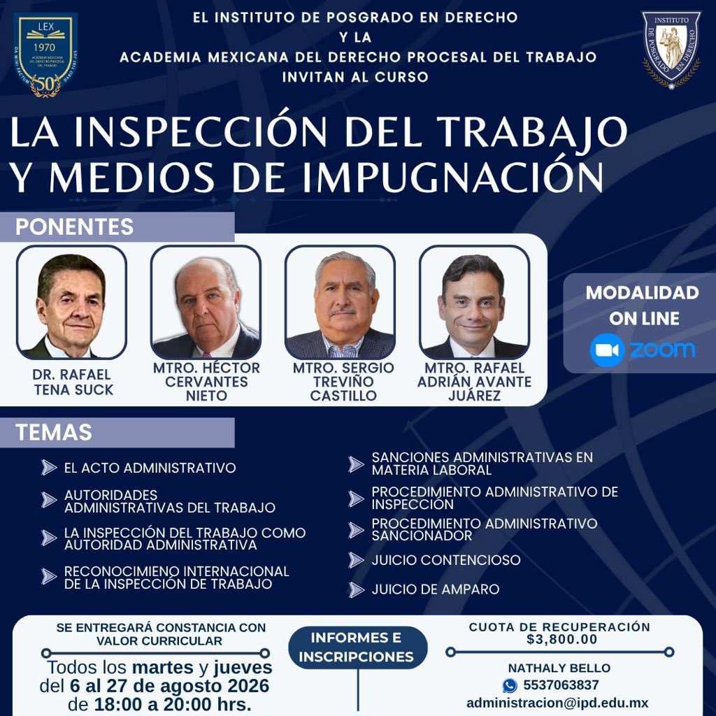 IPD_Mexico's tweet photo. 📢 ¡Lleva tu especialización en Derecho Laboral al siguiente nivel! ⚖️

El Instituto de Posgrado en Derecho y la Academia Mexicana del Derecho Procesal de Trabajo te invitan al curso virtual:

LA INSPECCIÓN DEL TRABAJO Y MEDIOS DE IMPUGNACIÓN 💼 https://t.co/QvI68Bfs3U