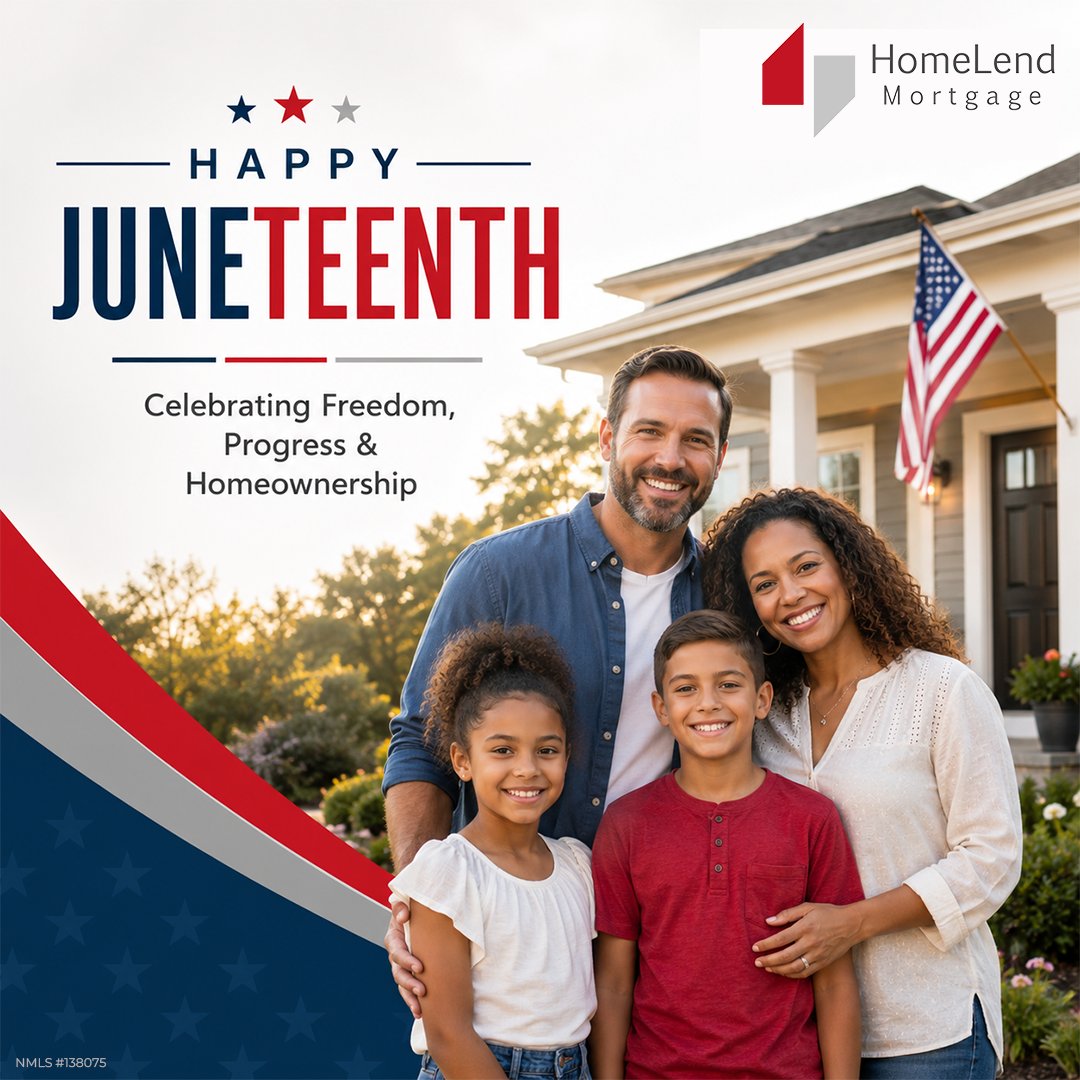 HomeLendMTG's tweet photo. Happy Juneteenth from HomeLend Mortgage! Celebrating freedom, progress, and the dream of homeownership for families and communities everywhere. https://t.co/l2NDIaVVd8