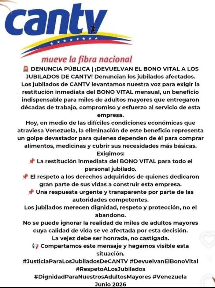 TELECOMSEINTEC's tweet photo. .@salaprensaCantv .@FETRAJUPTEL .@FETRATEL .@siguaraya1 .@DefensaSV .@Defensoria_Vzla .@ONU_derechos .@CorteIDH .@UEmbasy87367 https://t.co/vqjbG1ScIp