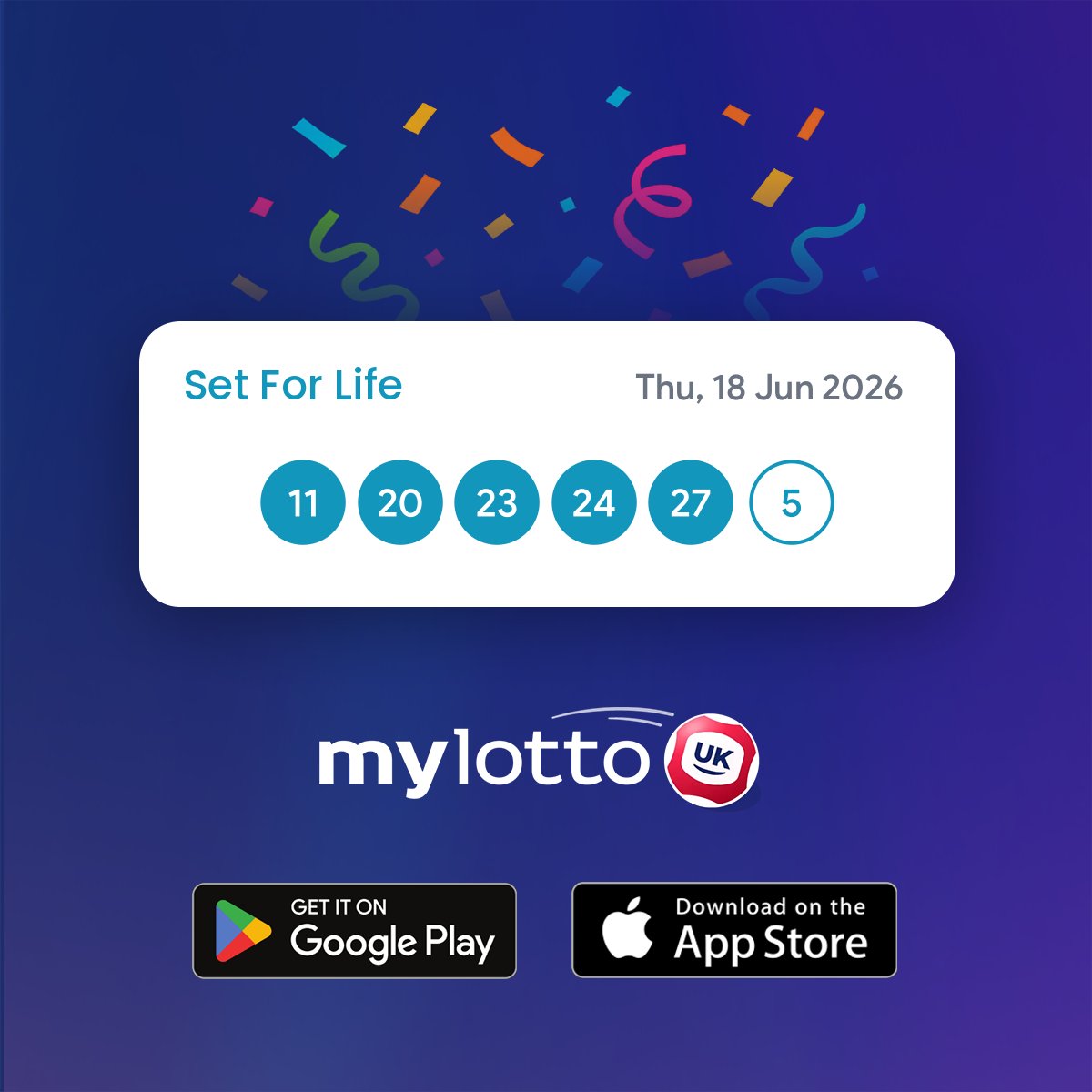 mylottoukapp's tweet photo. Set For Life results are in! π€©
π
Thursday, 18 Jun 2026
β¨ 11, 20, 23, 24, 27 + 05 β¨
π° Did your numbers come up?
#SetForLife #LotteryResults #MyLottoUK https://t.co/LcWGB9YHDV