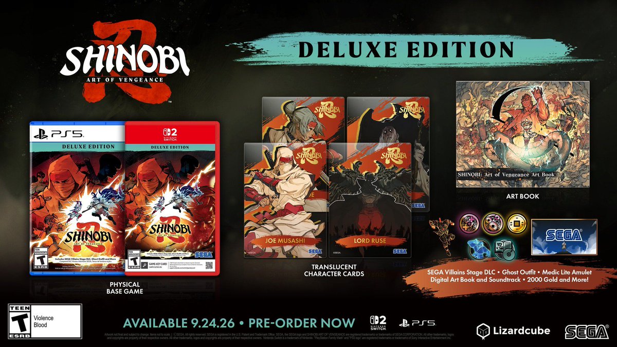 SEGAInforment's tweet photo. 【 SHINOBI: ART OF VENGEANCE 】

Shinobi: Art of Vengeance returns with a brand new, physical digital edition release!

Featuring all the released DLC, Artbook, and translucent character cards!

It'll be released for PlayStation 5 and a brand new Nintendo Switch 2 version! It'll be available on 24th September, with pre-orders open.

*Nintendo Switch 2 is a Key-Card Release.