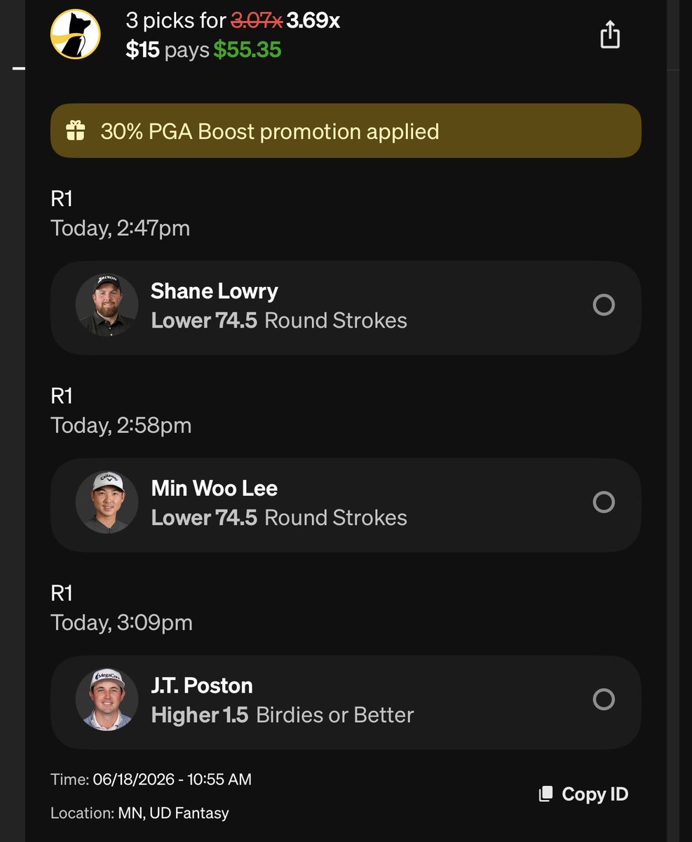 CrumpPicks's tweet photo. PGA Bet for Round 1 of the Open! ⛳️🍀

Haven’t gambled in awhile but we’re still up around $650 on the year! Let’s continue that hot streak!

#PropBets #PrizePicks #UnderdogPicks #CrumpPicks #USopen https://t.co/e8I5DY7DVu