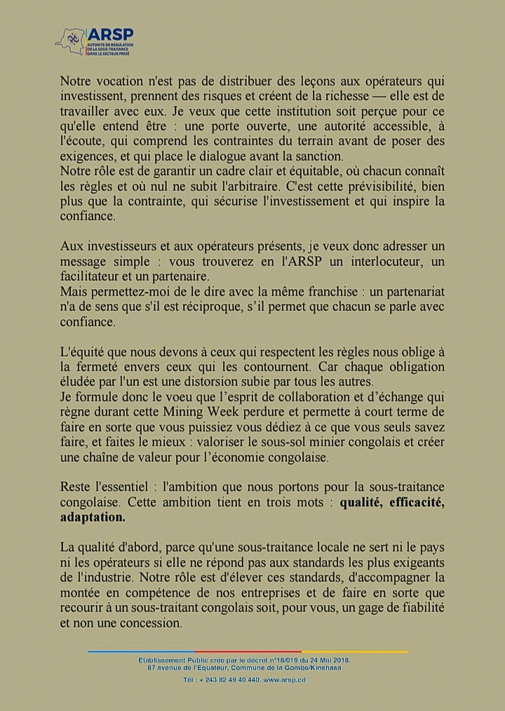 ArspRdc's tweet photo. Le Directeur Général @juantedbelkas rassure les parties prenantes de la disponibilité de l’ARSP à les accompagner dans un cadre transparent et équitable.

#ARSP #DRCMiningWeek2026 #SousTraitance #Lubumbashi https://t.co/1d1X2USupv