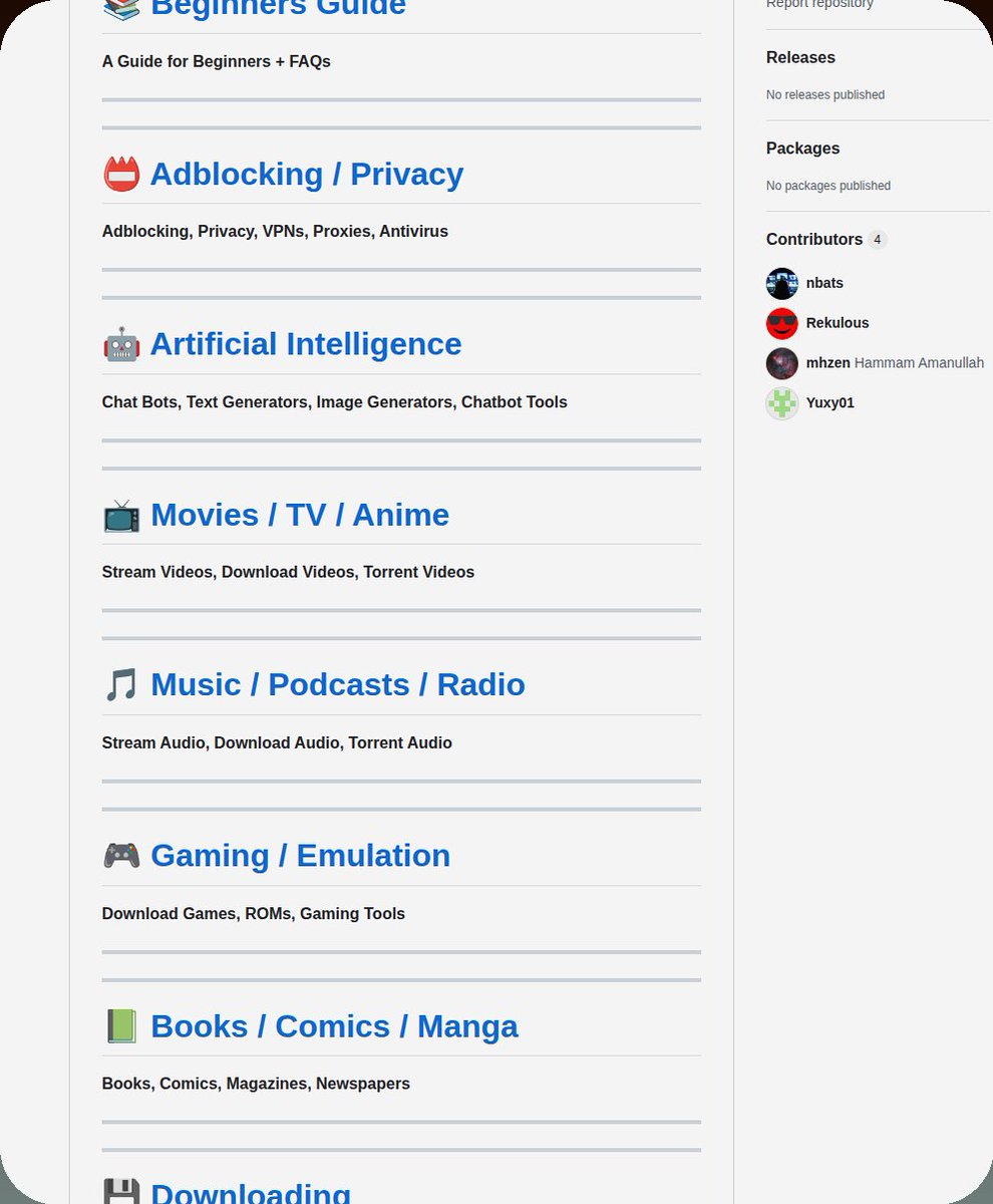 tom_doerr's tweet photo. Community-curated list of streaming, torrenting, and software tools

https://t.co/cMANV5lcaW https://t.co/JGt0OYYOuW