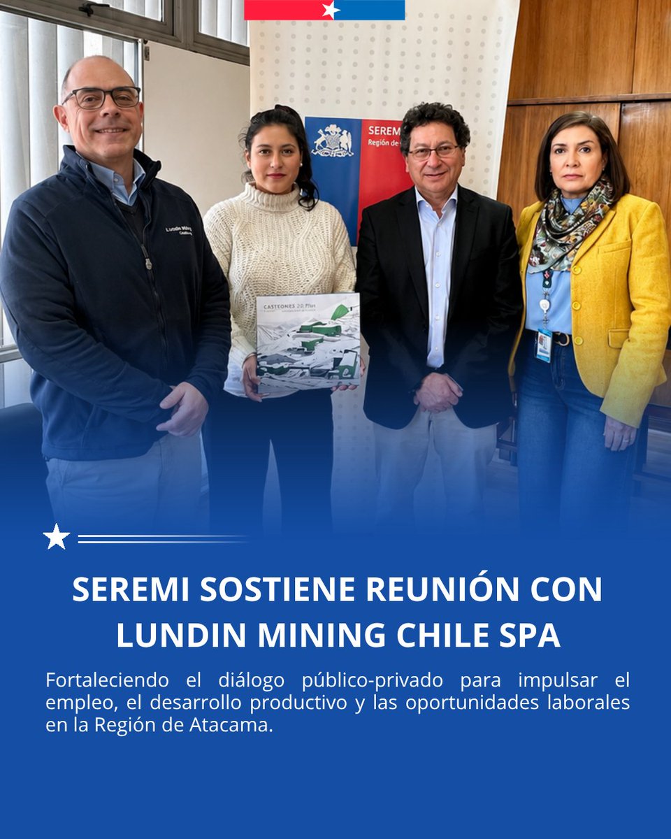 mintrab_atacama's tweet photo. 🤝 Como Seremi del Trabajo y Previsión Social de Atacama, sostuvimos una reunión con representantes de Lundin Mining Chile SpA, instancia que permitió abordar temas vinculados al empleo, el desarrollo del capital humano y los desafíos del mundo laboral en la región. https://t.co/UTQn3HKPtt