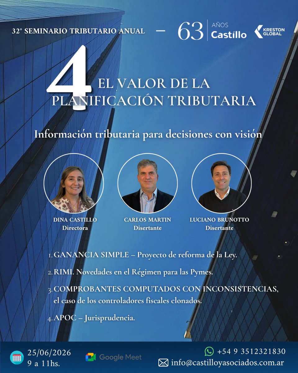 castillo_asoc's tweet photo. 🚀 Anticiparse marca la diferencia.

Sumate al 32° Seminario Tributario Anual y conocé las claves para una planificación tributaria eficiente.

📅 25/06 | 💻 Online | ⏰ 9 a 11 hs.
📩 Inscripciones abiertas. https://t.co/kXXqgAqnHD