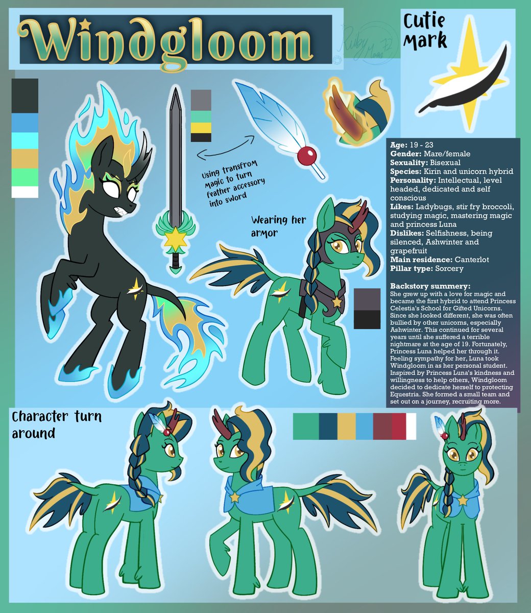 RubyMoon072's tweet photo. I made a character sheet of my #mlp #OC Windgloom!

#kirin #unicorn https://t.co/n2ZSTa6KLY