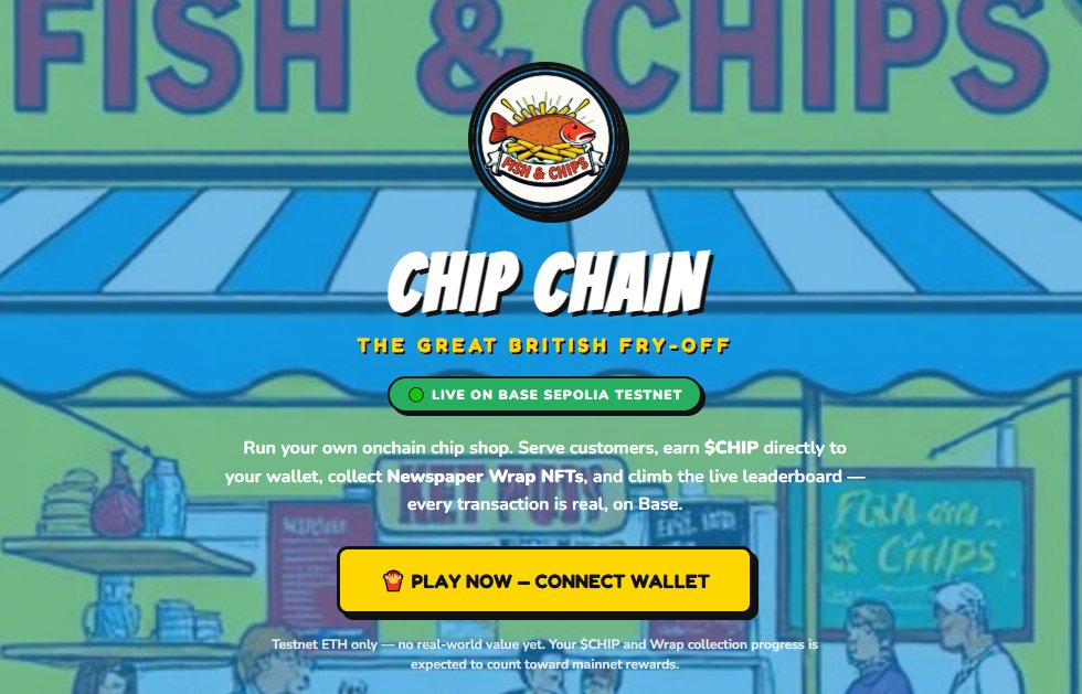 ChipChainShop's tweet photo. Just deployed a Fish &amp; Chip Shop game onchain 🐟🍟

Serve customers, earn $CHIP, collect Newspaper Wrap NFTs — every transaction is real, on Base.

Built this solo. Live on testnet now 👇
https://t.co/nSxDn8i7mi

#Base #OnchainGaming #BuildOnBase #Web3 #NFT #buildonbase https://t.co/l1E73mGIJ7