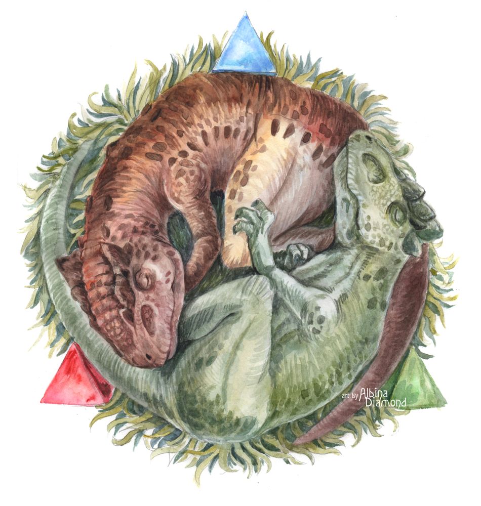 survivetheark's tweet photo. Do not disturb. The scaly puppies are recharging. 😴

🎨 Artwork: "Sleeping Allosaurus" by Albina Diamond #TBT https://t.co/L7O6H12Kt0