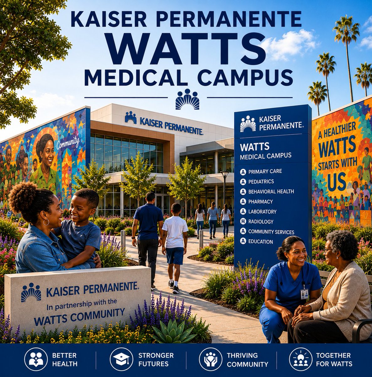 LetsTalk_LA's tweet photo. Kaiser Permanente brought a medical campus to the Watts community because the area has historically faced healthcare disparities, underinvestment, and limited access to medical services.

The new campus was designed to improve access to healthcare and continue Kaiser Permanente’s long-standing relationship with Watts.

https://t.co/KYBUM8ziv7

#losangeles #california #longbeach #hollywood #sandiego #orangecounty #riverside #sanjose #sanfrancisco #sacramento #bayarea #santamonica #redondobeach #manhattanbeach #newportbeach #sanbernardino #palmsprings #chinohills #chef #oakland