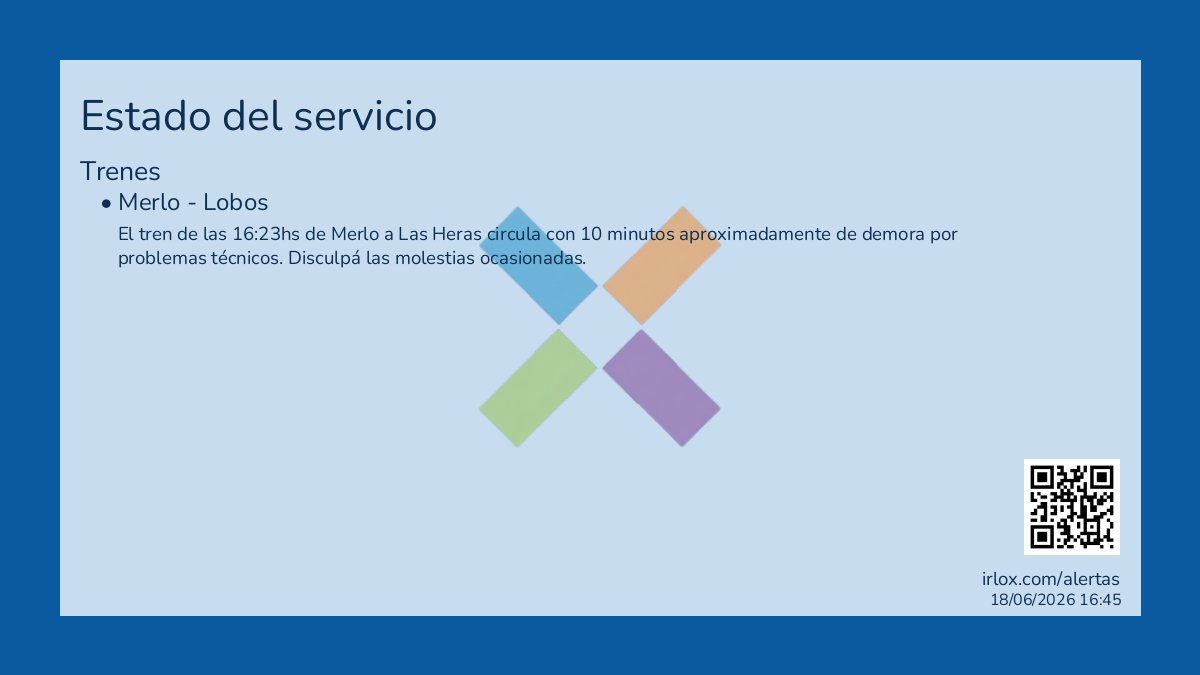 irloxcom's tweet photo. ⚠️ Merlo - Lobos: El tren de las 16:23hs de Merlo a Las Heras circula con 10 minutos aproximadamente de demora por problemas técnicos. Disculpá las molestias ocasionadas.
#TrenSarmiento
🔗 Detalles en el enlace fijado. #irlox https://t.co/lbd01BXbzh