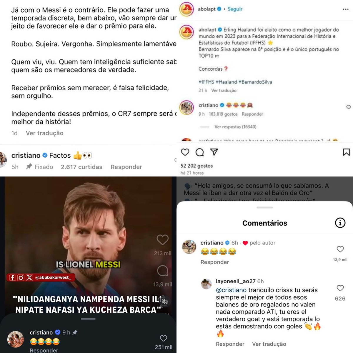 MessiLeoBrasil_'s tweet photo. Nunca se esqueça que nem mesmo o Cristiano Ronaldo tem o respeito pelo Messi.

Ele sempre o invejou e criticou suas conquistas, chegando ate em comentar em posts do Instagram sobre isso. https://t.co/frsxSubL2E