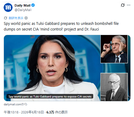 peponaaru's tweet photo. 📢トゥルシー・ギャバード国家情報長官の最後の仕事⁉️📢

トゥルシー・ギャバード国家情報長官が、退任前に、CIAの秘密の「マインドコントロール」プロジェクトとファウチ博士に関する衝撃的な機密文書の大量公開を準備していることから、諜報界はパニックに陥っている🥳

➡️CIAとファウチはバイバイ👋👋
https://t.co/wsscPvLNuZ