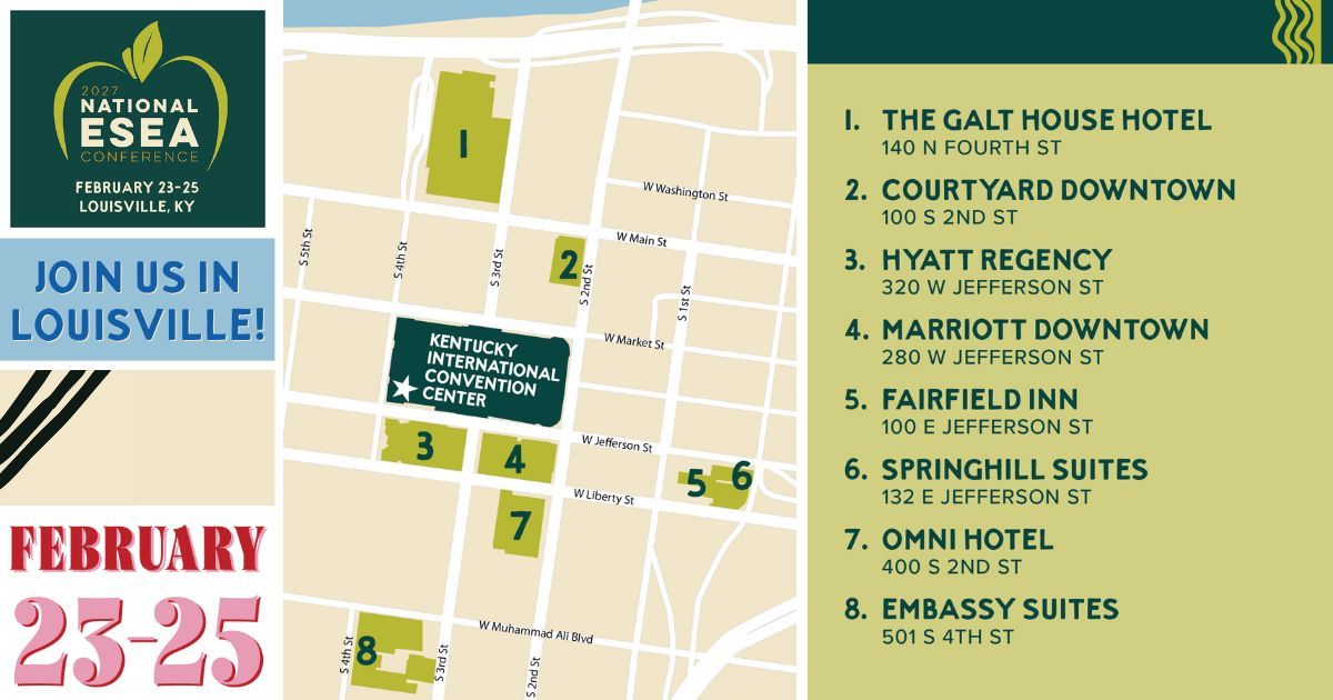 ESEA_network's tweet photo. Hotel reservations are OPEN for the 2027 National #ESEAConference in Louisville, KY! 

Choose from 8 hotels at special conference pricing — book early for your top pick. Feb 23–25, 2027: https://t.co/dXaP4XwS7S https://t.co/M2olplzIFn