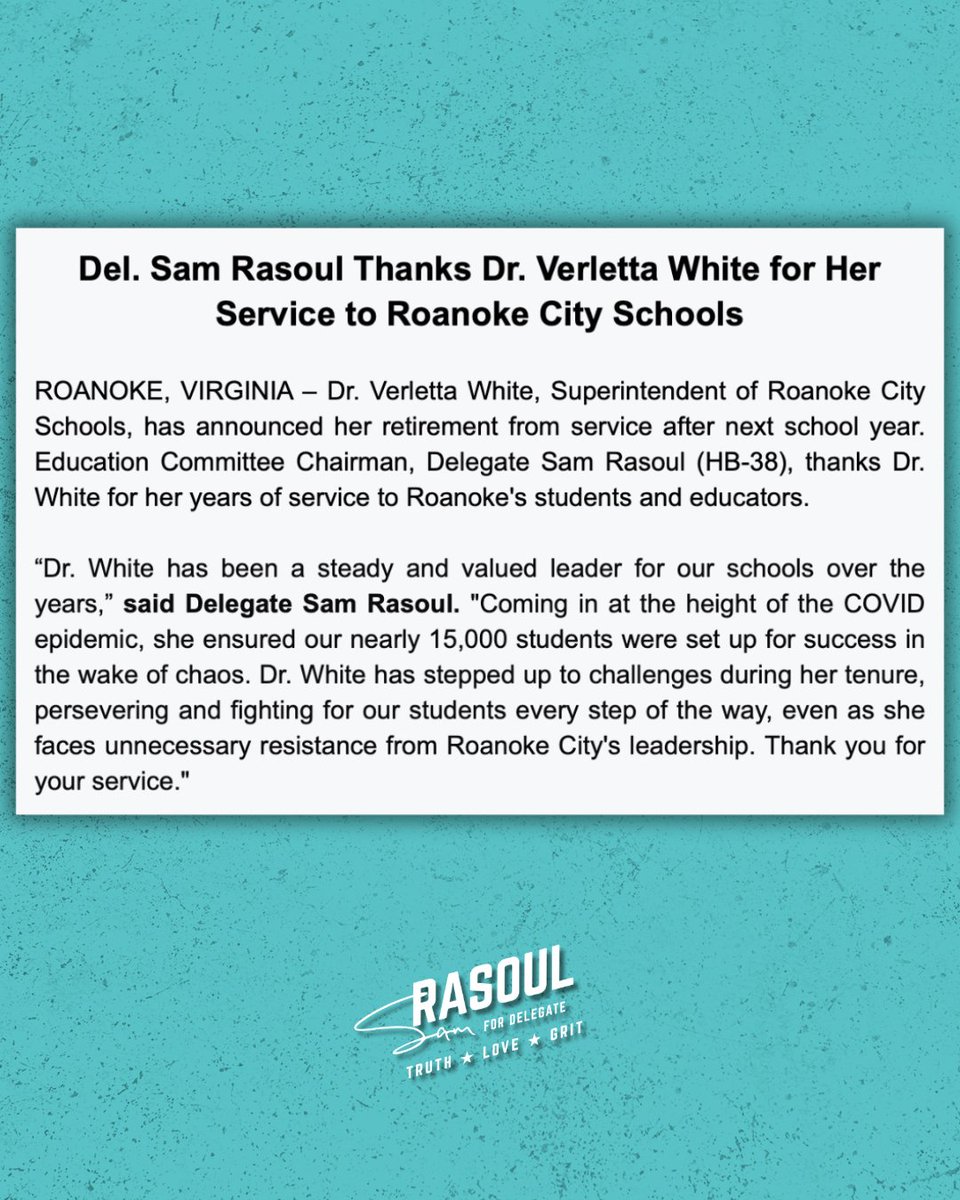 Sam_Rasoul's tweet photo. Dr. White has been a steady and valued leader for our schools over the years. Coming in at the height of the COVID epidemic, she ensured our nearly 15,000 students were set up for success in the wake of chaos. Dr. White has stepped up to challenges during her tenure, persevering and fighting for our students every step of the way, even as she faces unnecessary resistance from Roanoke City's leadership. Thank you for your service.
