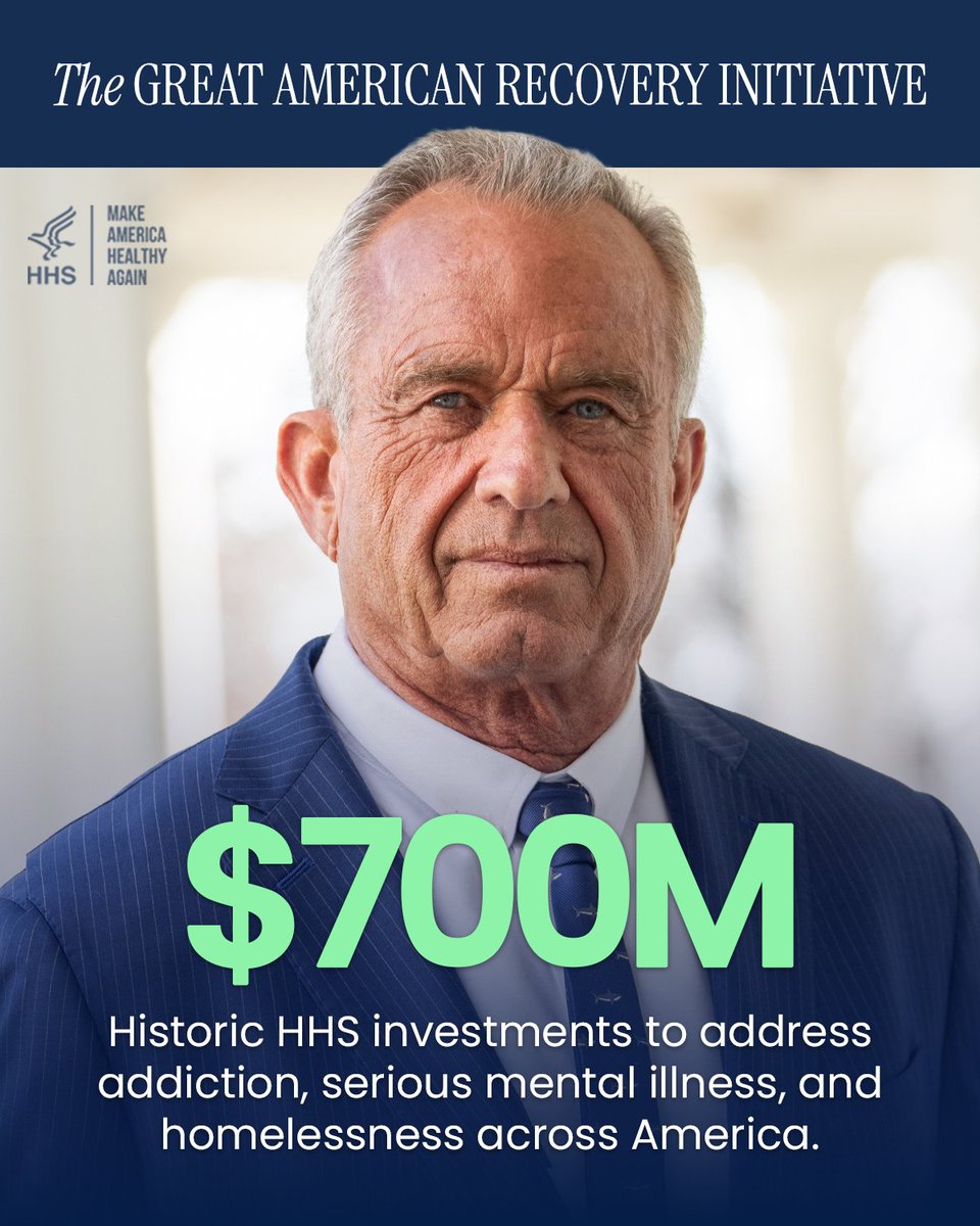 HHSGov's tweet photo. The Trump Administration isn't just talking about America's homelessness crisis—it's taking action.

This week, Secretary Kennedy announced more than $700 million in new behavioral health investments, including $96 million for the STREETS program, which will help people suffering from serious mental illness and addiction move off the streets and into treatment, recovery, and long-term support.

Through President Trump's Great American Recovery Initiative, HHS is investing in treatment, recovery, public safety, and stronger communities across America.