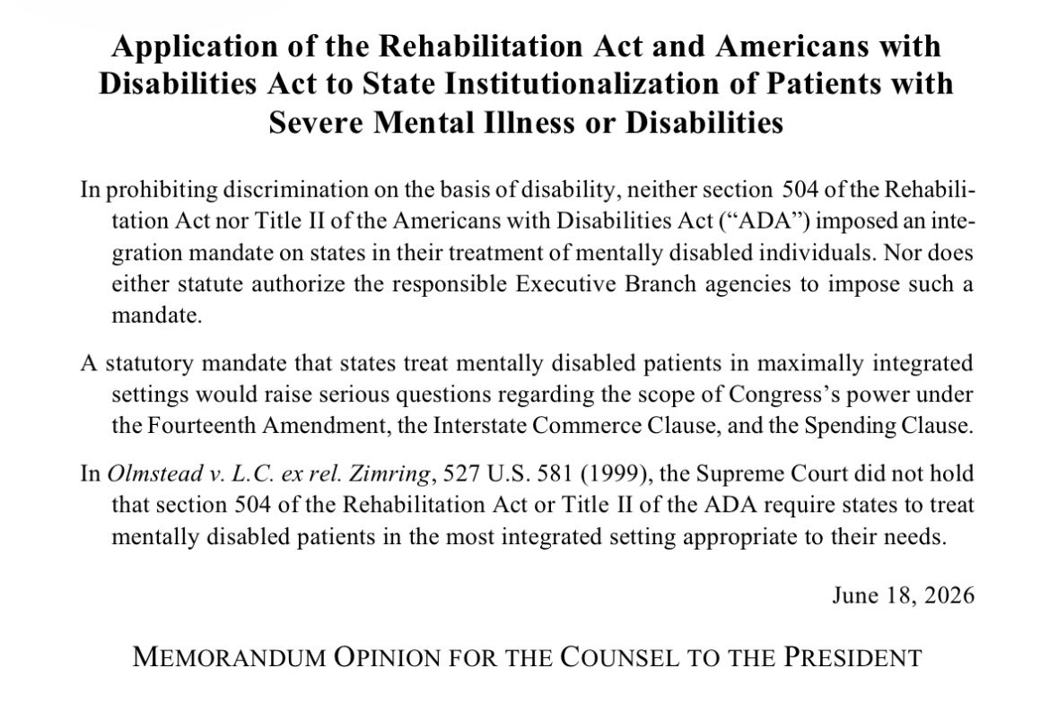 dkurtzz's tweet photo. Today, DOJ broke with 35 years of bad law.

Regarding the integration mandates of section 504 and Title II of the ADA, “the regulations are unlawful.”

This is a shot across the bow for Olmstead and P&amp;A groups that have weaponized it against state programs for the mentally ill. https://t.co/HbTE7QMGMP