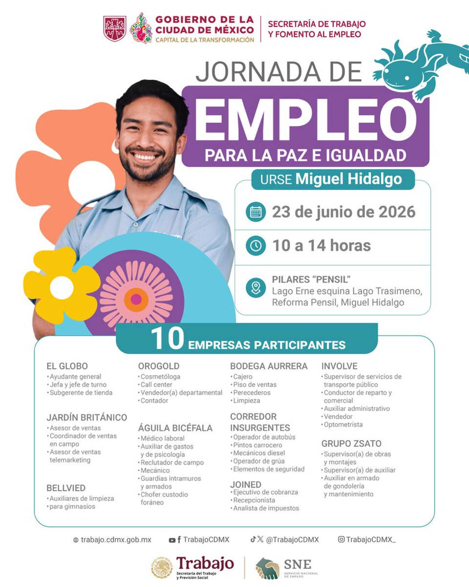 Ines_GONI's tweet photo. Encuentra una nueva oportunidad laboral! 🚀

Te invitamos a la Jornada de Empleo para la Paz e Igualdad en la alcaldía Miguel Hidalgo. Participarán 10 empresas con vacantes en áreas como ventas, administración, atención al cliente, limpieza, seguridad, transporte, contabilidad y más.

📅 23 de junio de 2026
🕙 10:00 a 14:00 horas
📍 PILARES “Pensil”, Miguel Hidalgo.