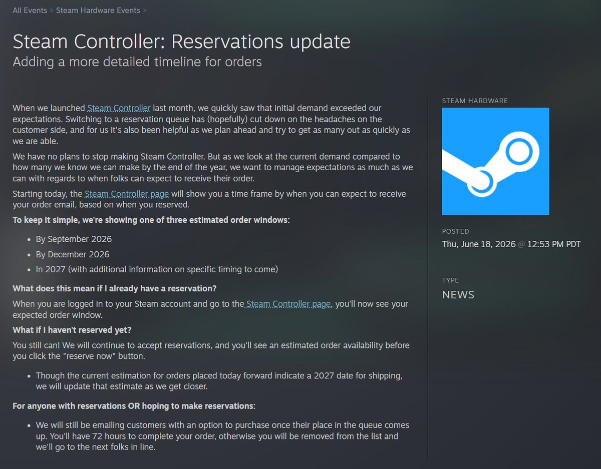 Wario64's tweet photo. Steam Controller reservations update:

-No plans to stop making Steam Controller
-Reservation estimates will now be displayed in the order windows:

•By September 2026
•By December 2026
•In 2027 (with additional information on specific timing to come)

https://t.co/LRQ0qd2LnE https://t.co/2me2UDx5Ci