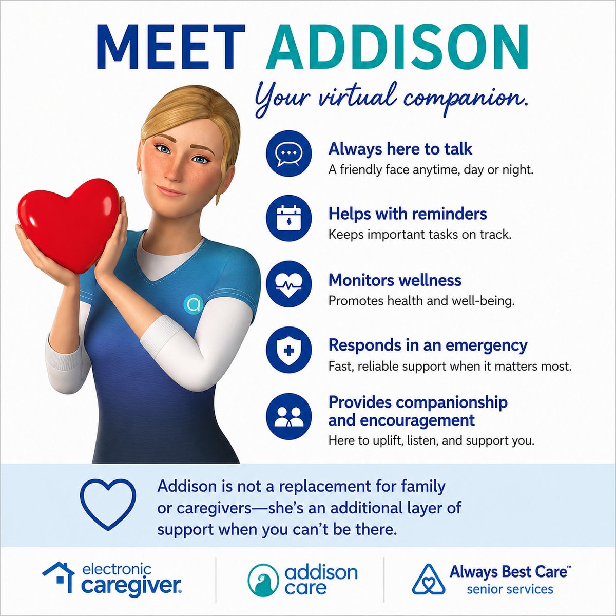 ABC_KatyTX's tweet photo. Want to learn more? 💡

Give us a call to discuss how Addison can support your care process, ☎️ 281.392.1222.  

 #VirtualCompanion #SeniorCare #CompanionshipCare #ElderCareTechnology #HealthReminders #AlwaysBestCare #SeniorServices https://t.co/OcsokaYzFO