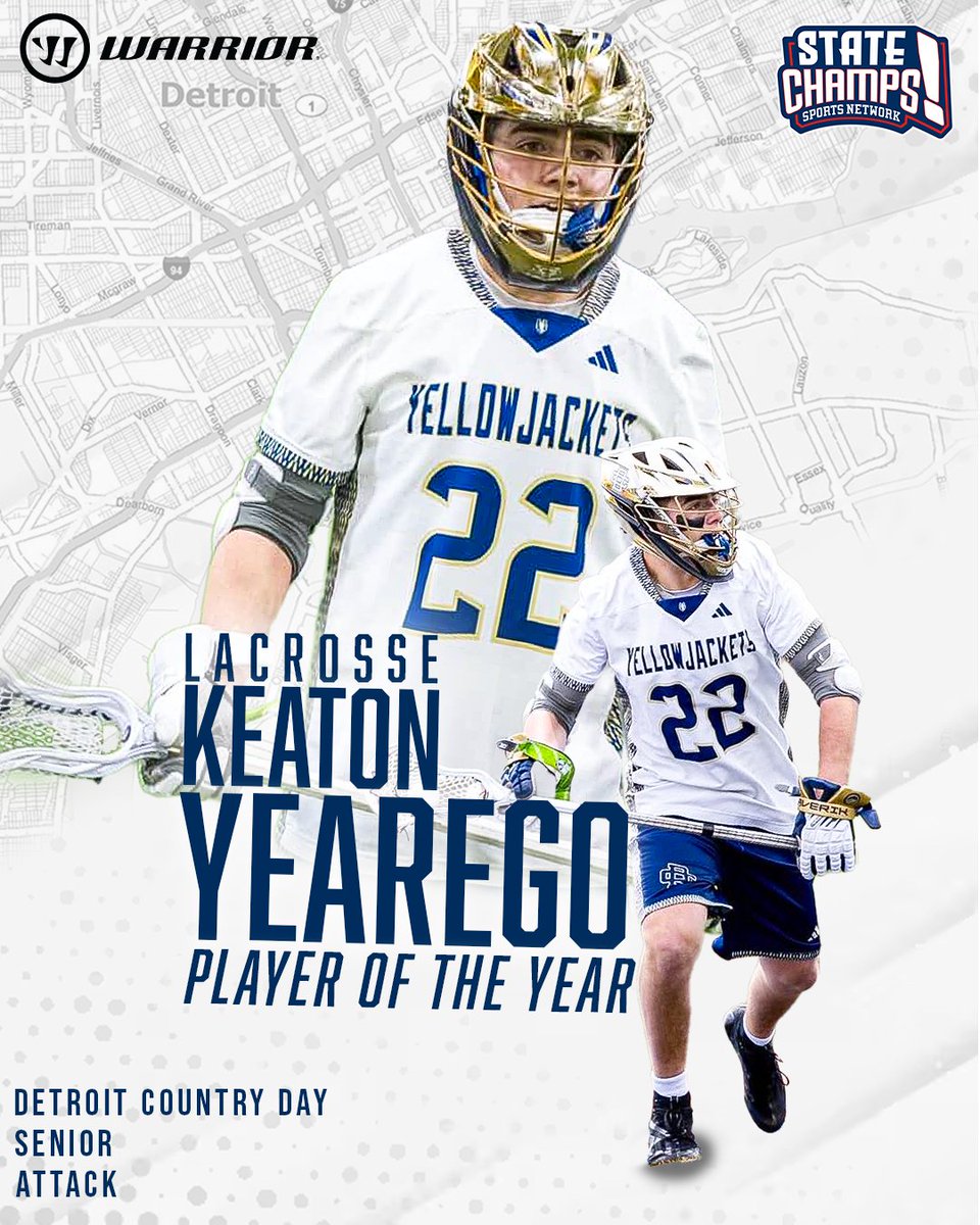 statechampsmich's tweet photo. Congratulations to Keaton Yearego from Detroit Country Day.  2026 STATE CHAMPS! @warriorlax Player of the Year. https://t.co/If7kHoBuLX
