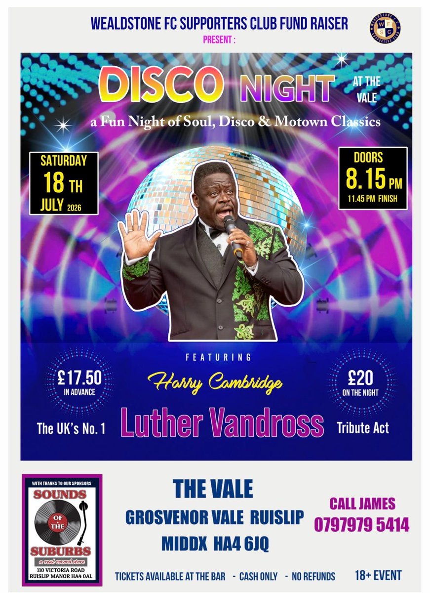 WealdstoneFC's tweet photo. There's never too much Luther Vandross you can have in your life🎶

Catch Harry Cambridge live at The Vale on July 18. Ticket details below 🪩👇 

Brought to you by @WFCSC1 https://t.co/rL7HNuRhx0