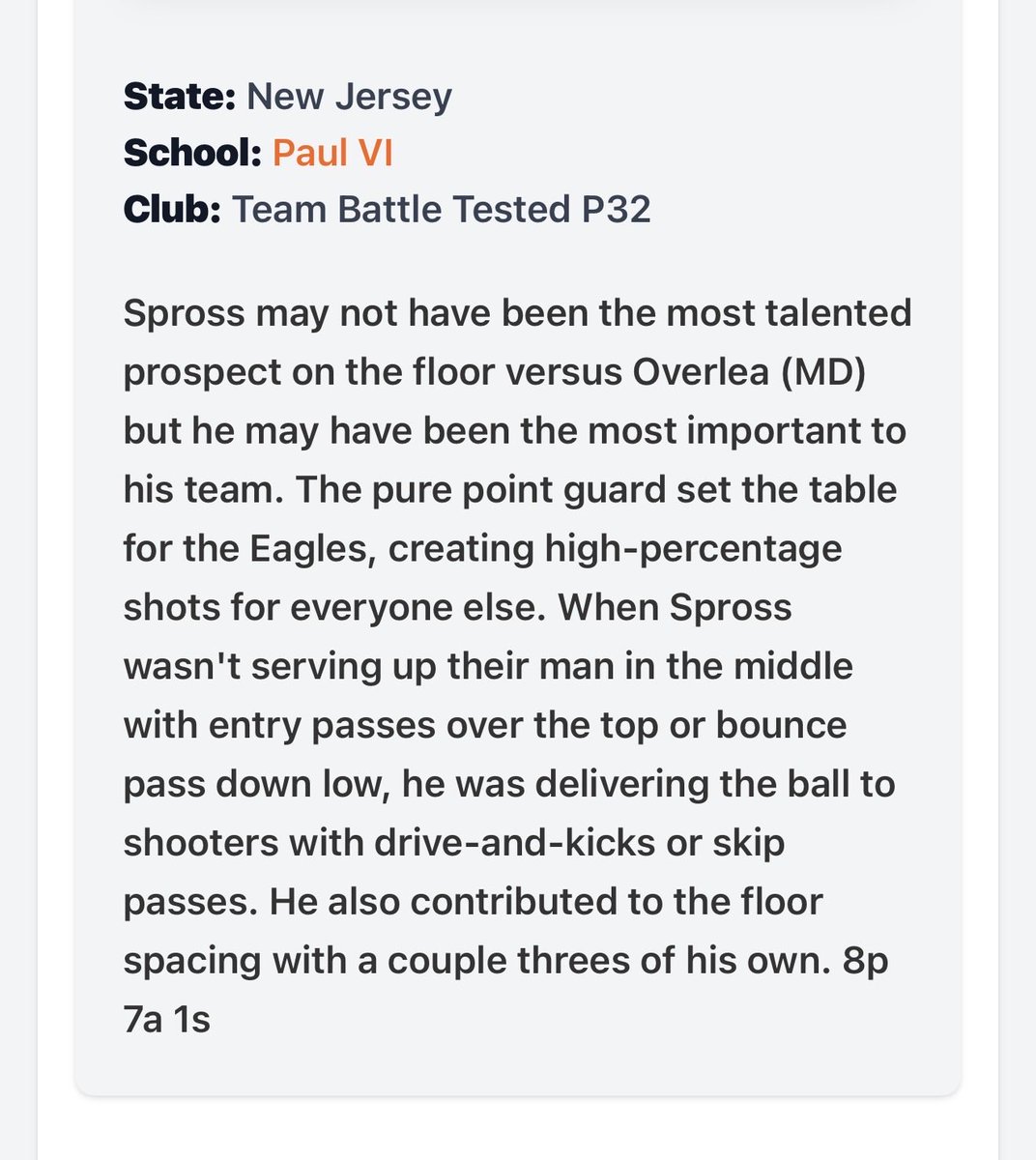 BattleTestedP32's tweet photo. Our PG1 28’ Donovan Spross continues to elevate his game at every level. Real floor general! Grit , tough and skilled! New Jersey Point Guard who will play you 94’ and win! Point guard who does Point guard things! Paint touches, knock down shots, makes team better, list goes on! Keep it going kid! Thank You @PrepHoops for recognizing this 1! #BattleTested #SuccessSociety