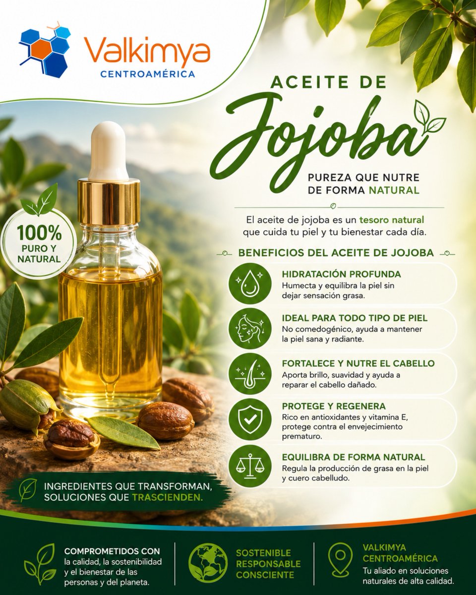 valkimya's tweet photo. Descubre el poder natural del Aceite de Jojoba.

Más que un ingrediente, es una solución versátil para formulaciones de cuidado personal y cosmética. Gracias a su composición similar al sebo natural de la piel, ayuda a hidratar, suavizar y proteger sin dejar sensación grasosa. https://t.co/tX8h0ZdrTk