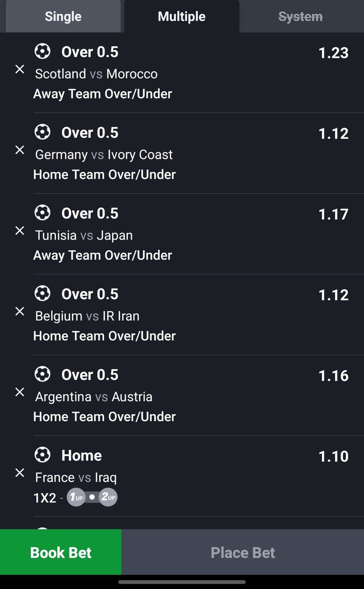 TopmanMr's tweet photo. Top 24 Word cup Picks 🤲🏾

Sportybet Code : 6ULU4D
Odds : 50.00🗣️

✅1. Canada 🇨🇦 - Over 0.5 
✅2. Morocco 🇲🇦 - Over 0.5 
✅3. Germany 🇩🇪 - Over 0.5 
✅4. Japan 🇯🇵 - Over 0.5 
✅5. Belgium 🇧🇪 - Over 0.5 
✅6. Argentina 🇦🇷 - Over 0.5 

SHARE ||| BOOKMARK ||| REPOST 🗣️🫡 https://t.co/seIaYNHPap