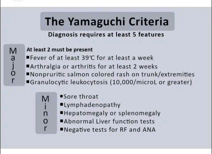 MAbdullah58266's tweet photo. @TrackYourHeart 🔥 Adult-Onset Still’s Disease (AOSD)

🌡️ Quotidian fever
🌸 Evanescent salmon-pink rash
🦴 Arthritis/arthralgia
🧪 Very high ferritin, usually seronegative (ANA-/RF-)
⚠️ Watch for MAS (life-threatening)

💊 Treatment
•NSAIDs, Steroids
•DMARDs (MTX) https://t.co/40uqfpgJjW