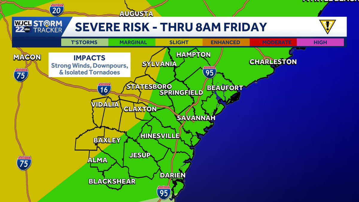 jnelsonWJCL's tweet photo. Here is the updated severe weather outlook. Marginal to slight risk of severe storms through 8am Friday. #Savannah #gawx #scwx https://t.co/tfOjbVxvUa