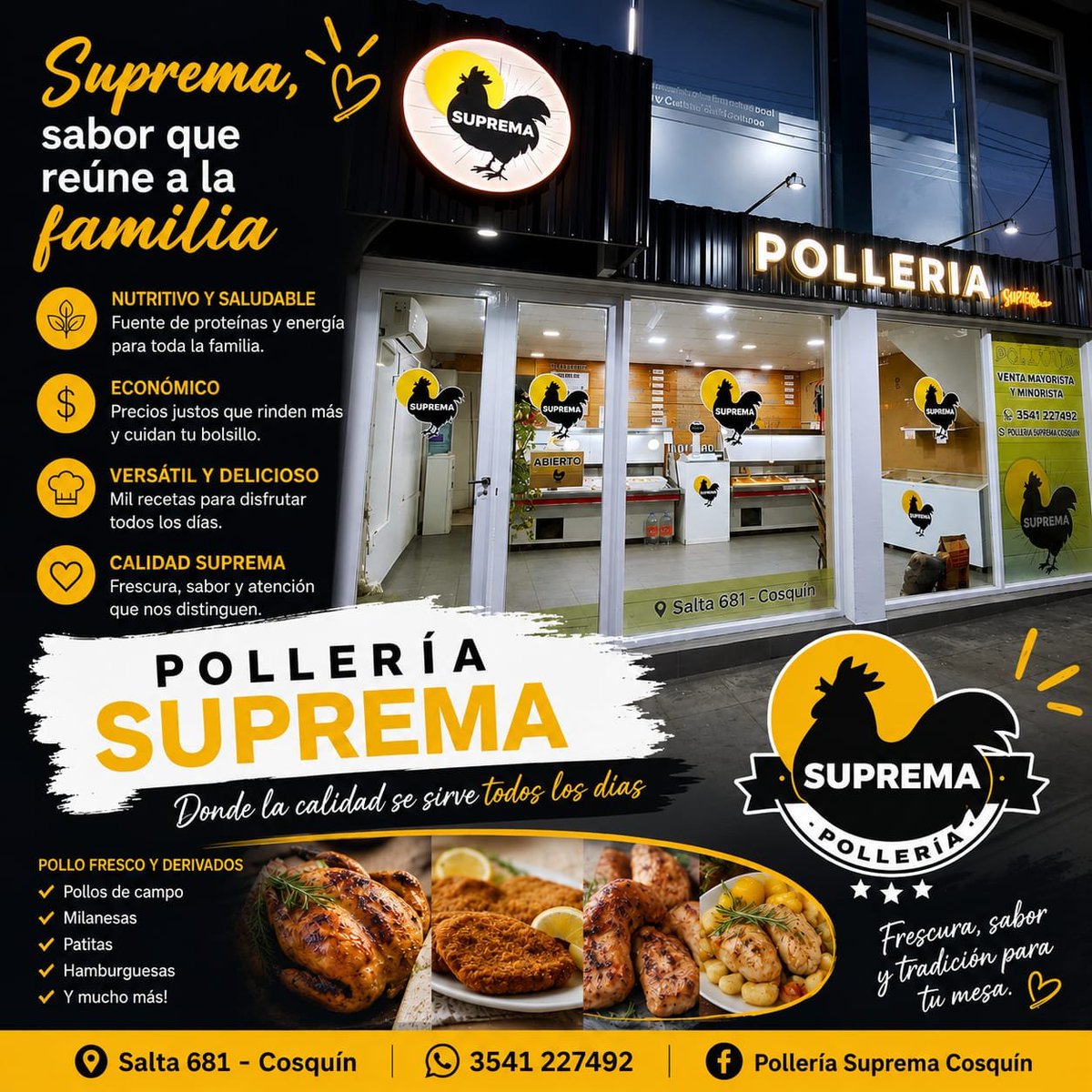 LandaburoGladys's tweet photo. SUPREMA, sabor que reúne a la familia

Pollería Suprema
Donde la calidad se sirve todos los días.
Salta 681 – Cosquín
🐔✨ Frescura, sabor y tradición para tu mesa

#cosquin #Ofertasespeciales  #polleria #lomejor https://t.co/hAv1NtyFxs