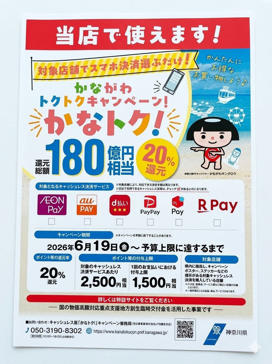 cafe_ronronne's tweet photo. 【かなトク！】
20%還元、当店で使えます！

​今日からお得にお買い物！
「かながわトクトクキャンペーン」

当店でもご利用いただけます！
最大20%還元！お見逃しなく！

​#かなトク #神奈川県 #還元キャンペーン #お得 https://t.co/Nty8E7kFq7